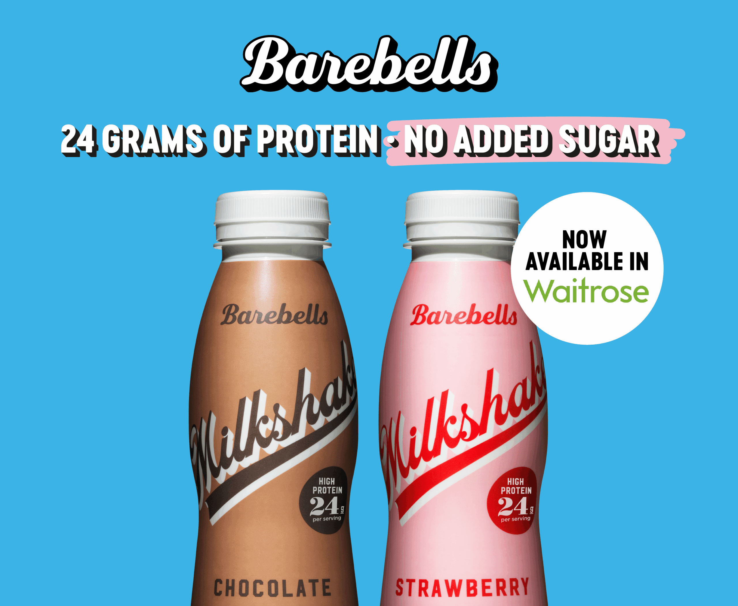 Advertisement for Barebells protein milkshakes in chocolate and strawberry flavors.